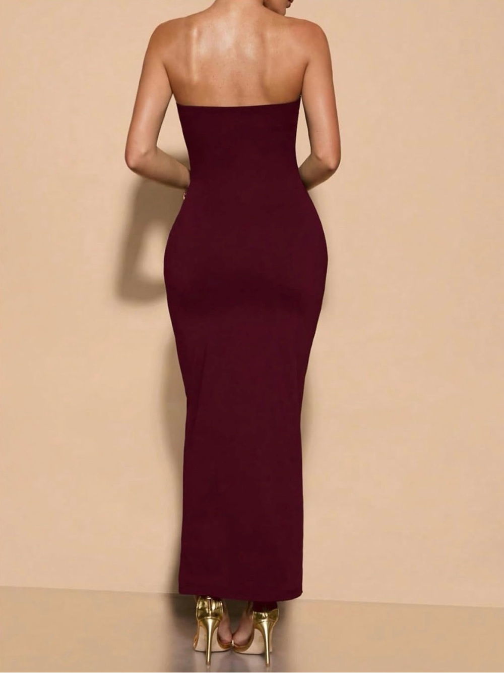 Strapless Cutout Maxi Dress with Gold Floral Accents - Burgundy Size Small - Picture 3 of 5